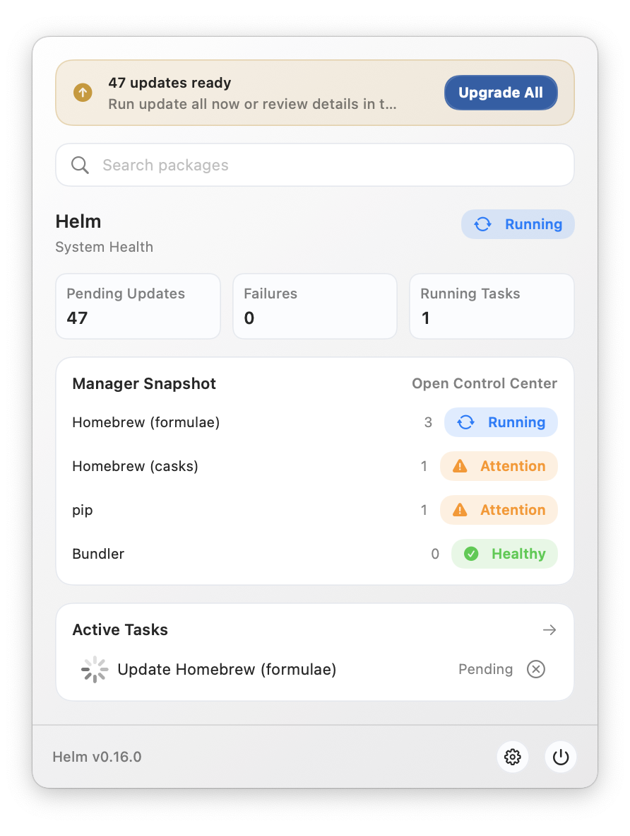Menu bar popover showing health status, pending updates, and quick actions.