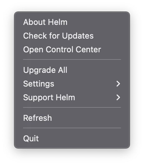 Helm status menu with tasks and quick actions.
